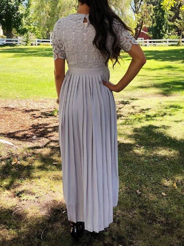 Sheath / Column Mother of the Bride Dress Elegant Jewel Neck Floor Length Chiffon Lace Short Sleeve with Lace Appliques Ruching - RongMoon