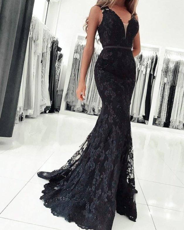 Black Robe De Soiree Mermaid V-neck Appliques Lace Beaded See Through Sexy Long Prom Dresses Prom Gown Evening Dresses - RongMoon