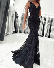 Black Robe De Soiree Mermaid V-neck Appliques Lace Beaded See Through Sexy Long Prom Dresses Prom Gown Evening Dresses - RongMoon