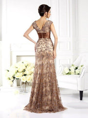 A-Line/Princess V-neck Ruffles Sleeveless Long Lace Mother of the Bride Dresses - RongMoon