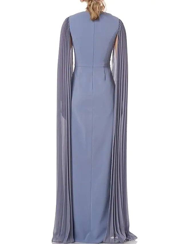 Sheath / Column Mother of the Bride Dress Elegant Jewel Neck Floor Length Chiffon Long Sleeve with Pleats - RongMoon