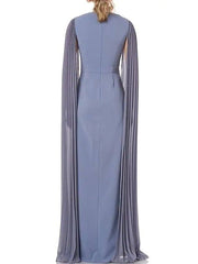 Sheath / Column Mother of the Bride Dress Elegant Jewel Neck Floor Length Chiffon Long Sleeve with Pleats - RongMoon
