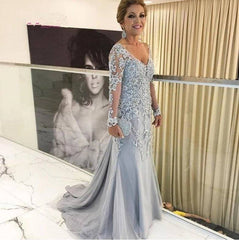 Silver Mother Of The Bride Dresses Mermaid Long Sleeves Lace Beaded Long Wedding Party Dresses Mother Dresses For Wedding - RongMoon