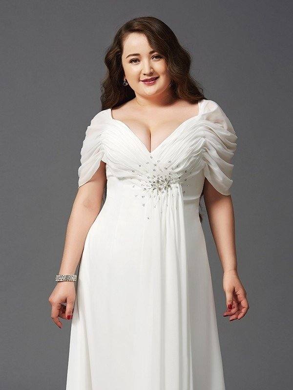 A-Line/Princess Off-the-Shoulder Ruched Short Sleeves Long Chiffon Plus Size Dresses - RongMoon