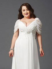 A-Line/Princess Off-the-Shoulder Ruched Short Sleeves Long Chiffon Plus Size Dresses - RongMoon