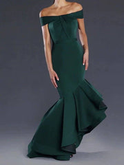 Mermaid / Trumpet Minimalist Sexy Engagement Prom Valentine's Day Dress Off Shoulder Sleeveless Asymmetrical Satin with Sleek Ruffles - RongMoon