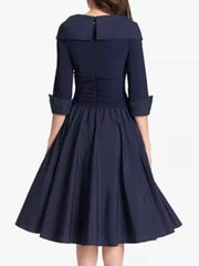 A-Line Mother of the Bride Dress Elegant V Neck Tea Length Polyester Half Sleeve with Buttons Ruching - RongMoon