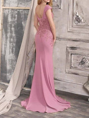 Mermaid / Trumpet Beautiful Back Sexy Engagement Formal Evening Dress Boat Neck Sleeveless Court Train Lace Stretch Satin with Appliques - RongMoon