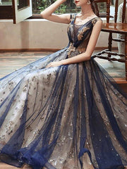 A-Line Glittering Wedding Guest Formal Evening Dress Scoop Neck Sleeveless Floor Length Organza with Sequin - RongMoon
