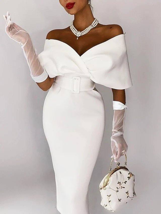 Sheath / Column Elegant bodycon Party Wear Cocktail Party Dress Off Shoulder Sleeveless Tea Length Stretch Fabric with Sash / Ribbon - RongMoon