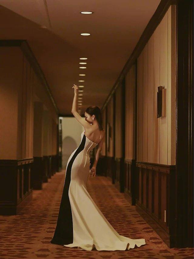 Mermaid / Trumpet Color Block Elegant Engagement Formal Evening Dress Strapless Sleeveless Court Train Stretch Satin with Split - RongMoon