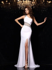 Sheath/Column One-Shoulder Beading Sleeveless Long Chiffon Dresses - RongMoon