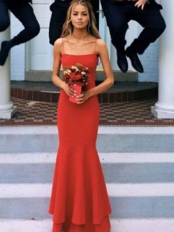 Sheath/Column Spaghetti Straps Sleeveless Floor-Length Layers Stretch Crepe Dresses - RongMoon
