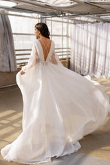 Long Sleeve Chiffon Backless A Line See Through Wedding Dress