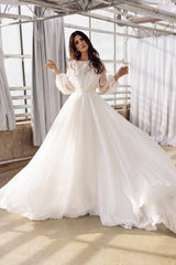 Long Sleeve Chiffon Backless A Line See Through Wedding Dress