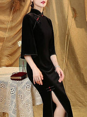 Sheath / Column Mother of the Bride Dress Elegant Vintage High Neck Ankle Length Velvet Half Sleeve with Split Front - RongMoon