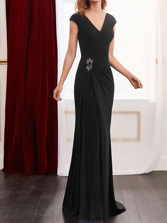 Sheath / Column Color Block Elegant Wedding Guest Formal Evening Dress V Neck Sleeveless Floor Length Spandex Chiffon with Pleats Beading - RongMoon