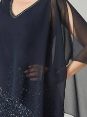 Sheath / Column Mother of the Bride Dress Sexy V Neck Knee Length Chiffon 3/4 Length Sleeve with Sequin - RongMoon