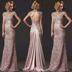 Cap Sleeves Mother Of The Bride Dresses Mermaid High Collar Lace Beaded Long Wedding Party Dress Mother Dress For Wedding - RongMoon