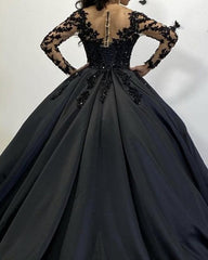 Lace Beaded Long Sleeves Ball Gown Satin Dresses