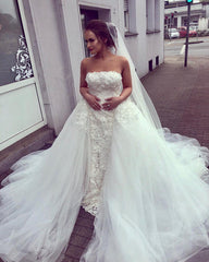 Strapless Mermaid Lace Wedding Dresses Removable Train