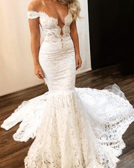 Boho Lace Wedding Dress Sweep Train Mermaid Off The Shoulder