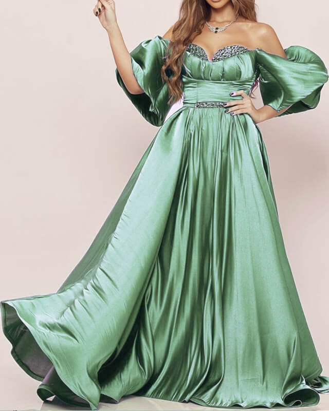 Puffy Sleeve Sage Satin Off-The-Shoulder Dress