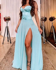 Light Blue Chiffon Prom Dresses Sweetheart Corset Split