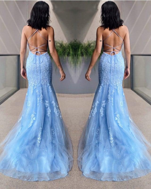 Light Blue Lace Mermaid Prom Dresses Open Back - RongMoon
