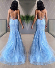 Light Blue Lace Mermaid Prom Dresses Open Back - RongMoon
