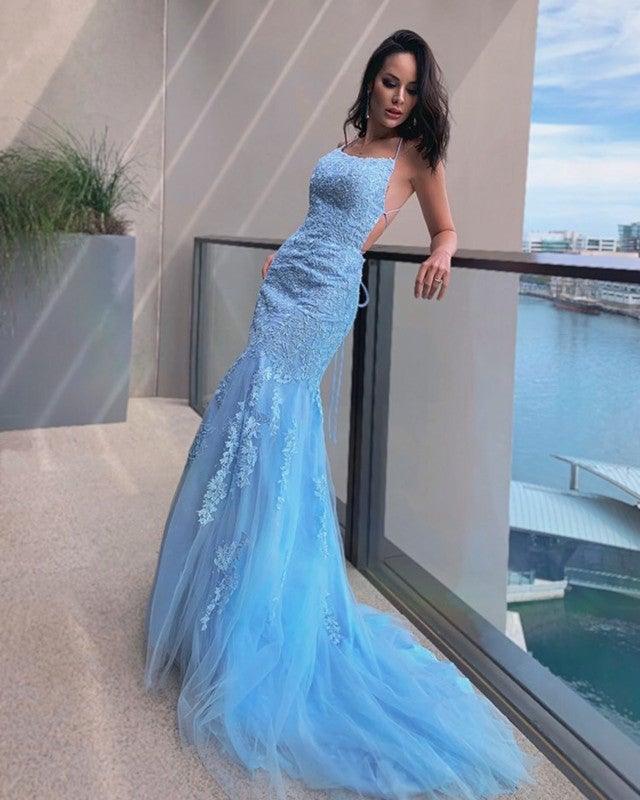 Light Blue Lace Mermaid Prom Dresses Open Back - RongMoon