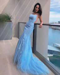 Light Blue Lace Mermaid Prom Dresses Open Back - RongMoon