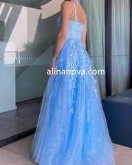 Light Blue Lace Prom Dresses Princess V Neck - RongMoon