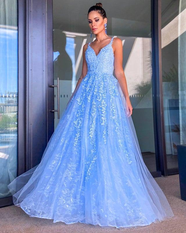 Light Blue Lace Prom Dresses Princess V Neck - RongMoon