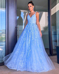 Light Blue Lace Prom Dresses Princess V Neck - RongMoon