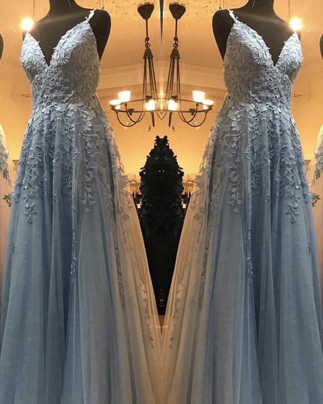 Elegant Prom Dresses Tulle V Neck Lace Embroidery