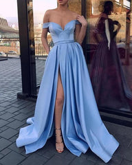 Sexy V-neck Off The Shoulder Long Satin Leg Split Evening Gowns