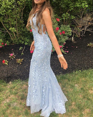 Mermaid Prom Dresses Cross Back Lace Embroidery