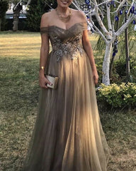 Light Brown Appliques Tulle Prom Dresses