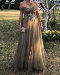Light Brown Appliques Tulle Prom Dresses