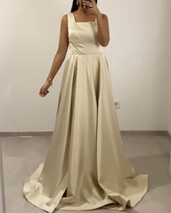 Light Champagne Satin Spaghetti Straps Bridesmaid Dresses