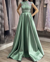 Two Piece Satin Appliques Prom Dress With Pockets