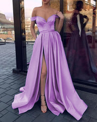 Sexy V-neck Off The Shoulder Long Satin Leg Split Evening Gowns