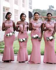 Mermaid Bridesmaid Dresses Cap Sleeves Lace Appliques