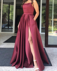 Long Strapless Satin Slit Dress With Pockets