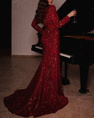 Sleeved Mermaid Sequins Split Dress