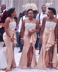 Sheer Neck Appliques Mermaid Satin Bridesmaid Dresses Split