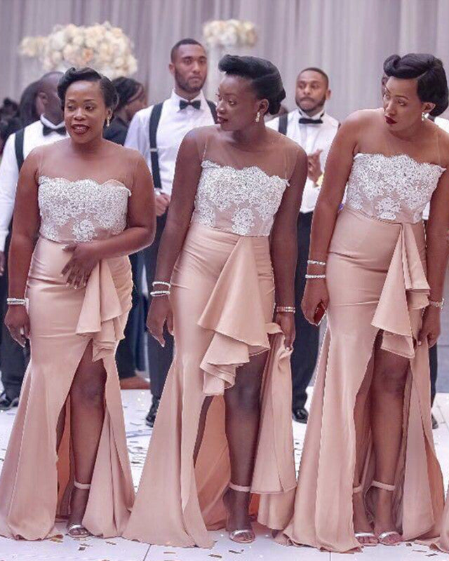 Sheer Neck Appliques Mermaid Satin Bridesmaid Dresses Split