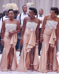 Sheer Neck Appliques Mermaid Satin Bridesmaid Dresses Split