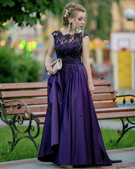 Modest Satin Prom Long Dresses Lace Beaded Cap Sleeves